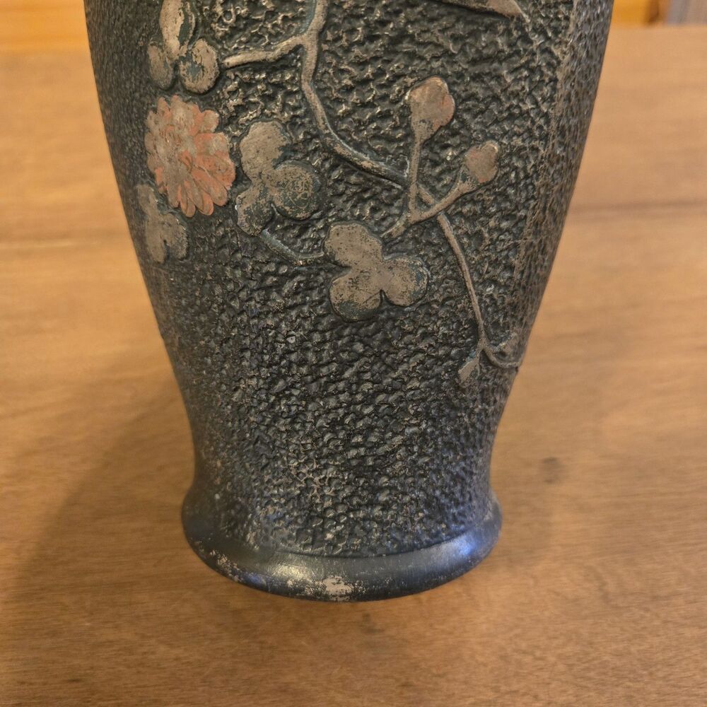 Antique Vtg Japanese Tokanabe Black Vase Hand Painted Floral Bird 1920, 10" Tall - Picture 5 of 8